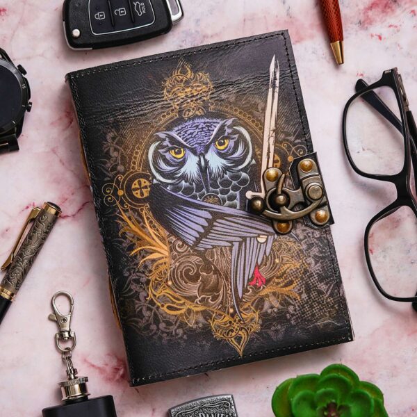 Handcrafted Pure Leather Cover Owl Embossed Writing Diary Notebook Journal 18x13x3 cm 200 page Men & Women Leather journal for writing | Genuine leather bound journal | leather notebook | Travel leather notebook | Vintage leather journal